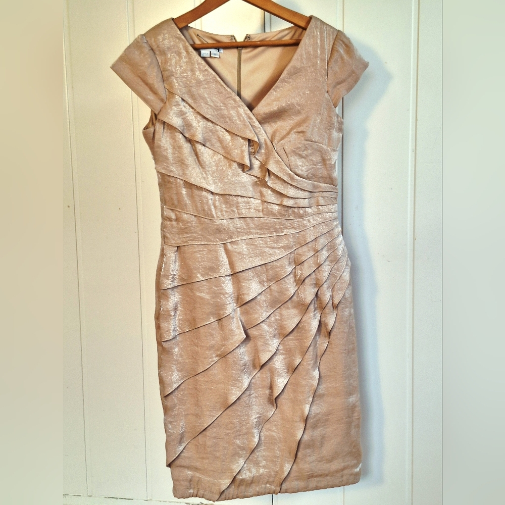 London Times Asymmetrical Dress in Shimmering Beige
